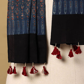 Buy Blue Mul Cotton Block Print Ajrakh Stole with Tassels