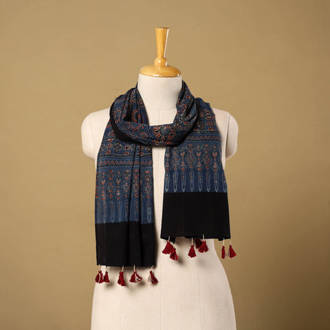 Buy Blue Mul Cotton Block Print Ajrakh Stole with Tassels
