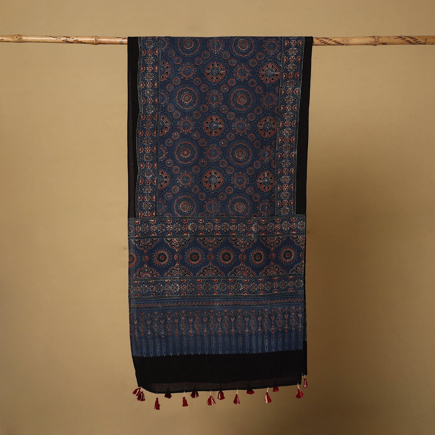 Buy Blue Mul Cotton Block Print Ajrakh Stole with Tassels