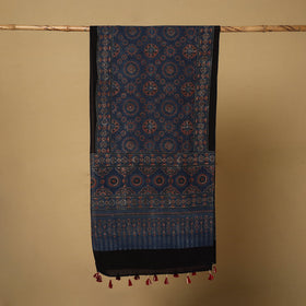 Buy Blue Mul Cotton Block Print Ajrakh Stole with Tassels