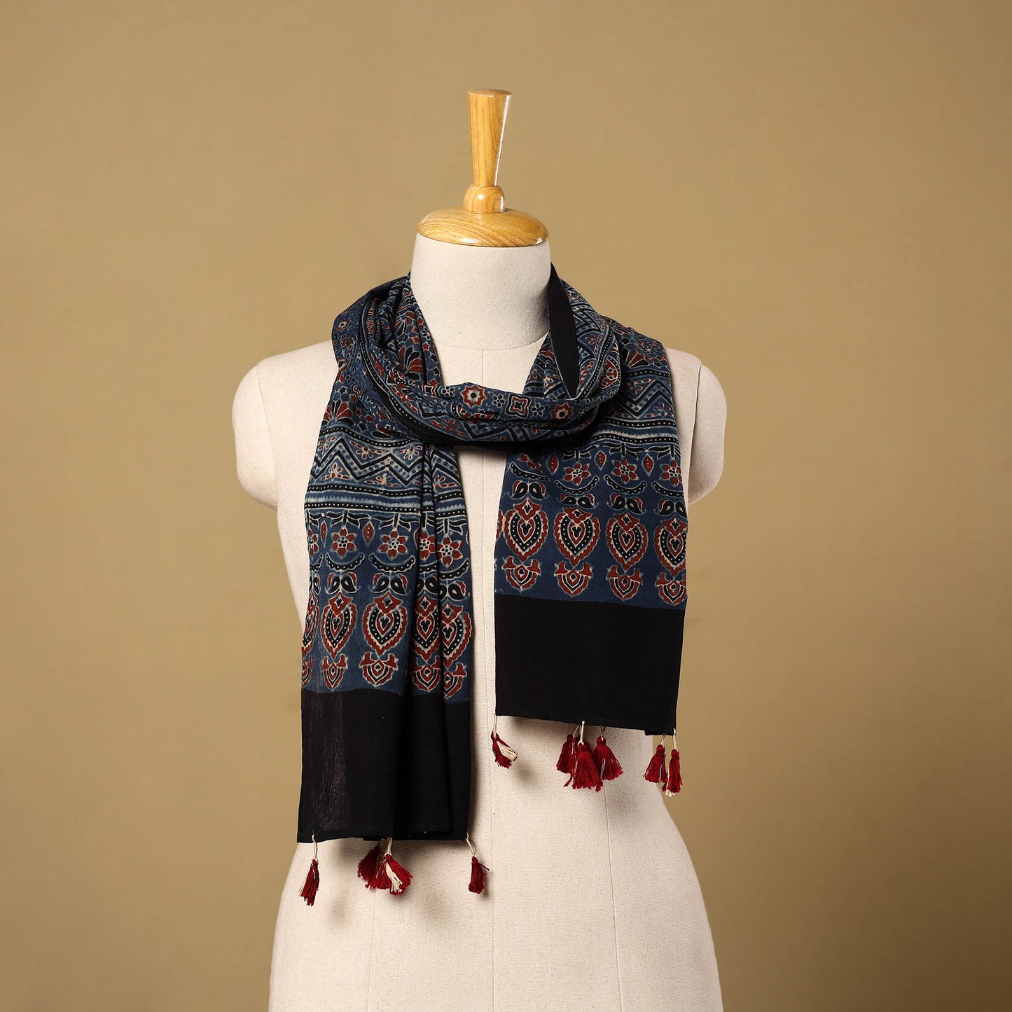 Buy Mul Cotton Block Print Ajrakh Stole with Tassels