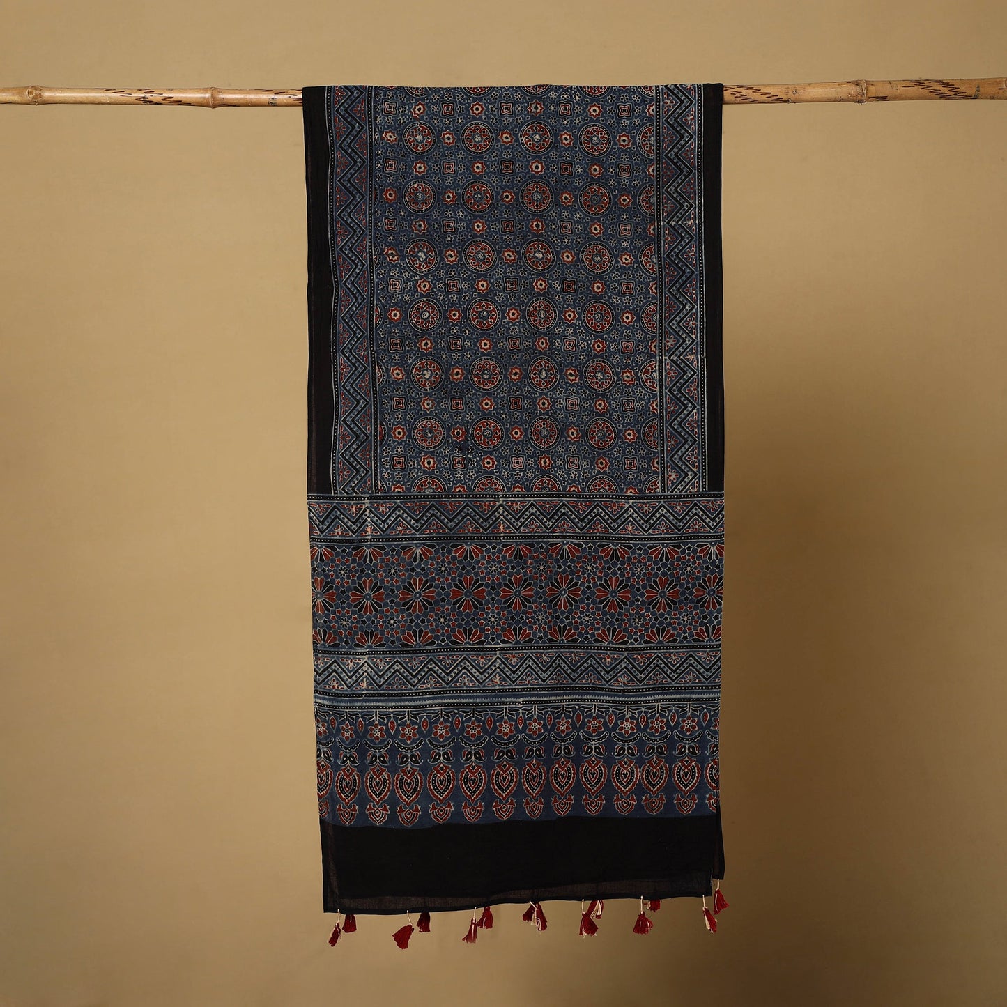 Buy Mul Cotton Block Print Ajrakh Stole with Tassels