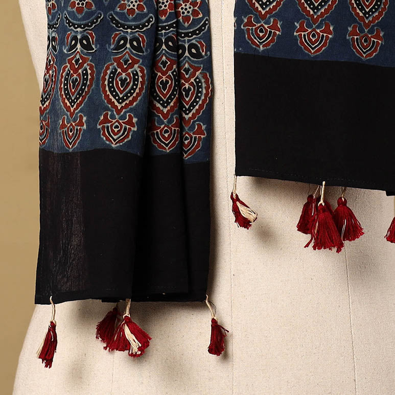 Buy Mul Cotton Block Print Ajrakh Stole with Tassels