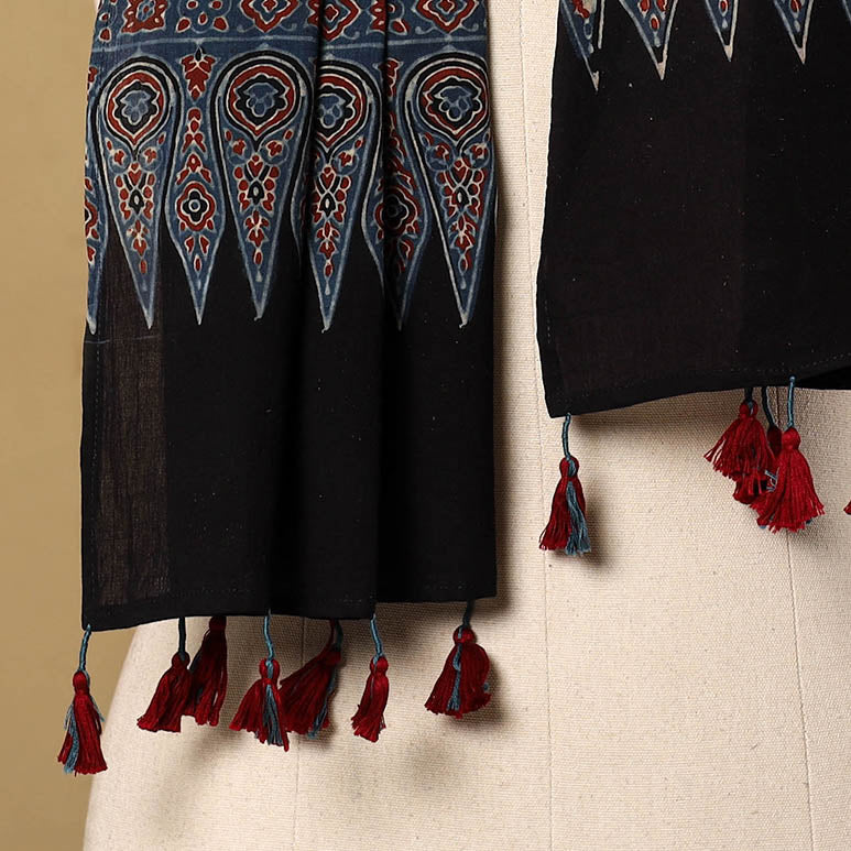 Buy Blue Mul Cotton Block Print Ajrakh Stole with Tassels