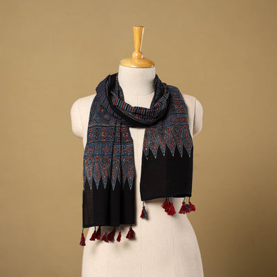 Buy Blue Mul Cotton Block Print Ajrakh Stole with Tassels