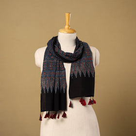 Buy Blue Mul Cotton Block Print Ajrakh Stole with Tassels
