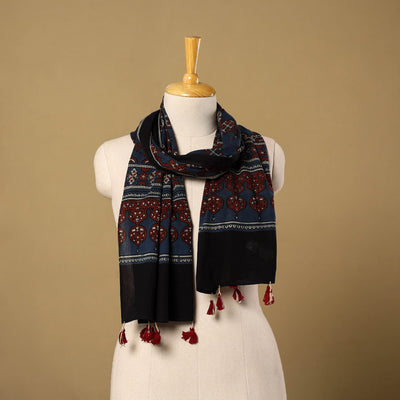 Buy Blue Mul Cotton Block Print Ajrakh Stole with Tassels