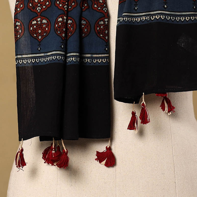 Buy Blue Mul Cotton Block Print Ajrakh Stole with Tassels