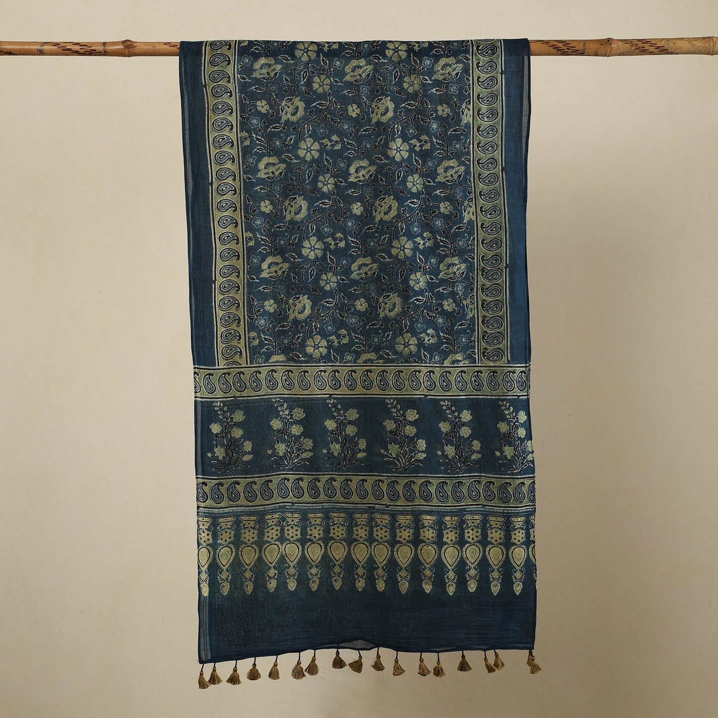  Blue Block Print Mul Cotton Ajrakh Stole With Tassels