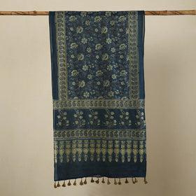  Blue Block Print Mul Cotton Ajrakh Stole With Tassels
