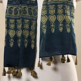  Blue Block Print Mul Cotton Ajrakh Stole With Tassels