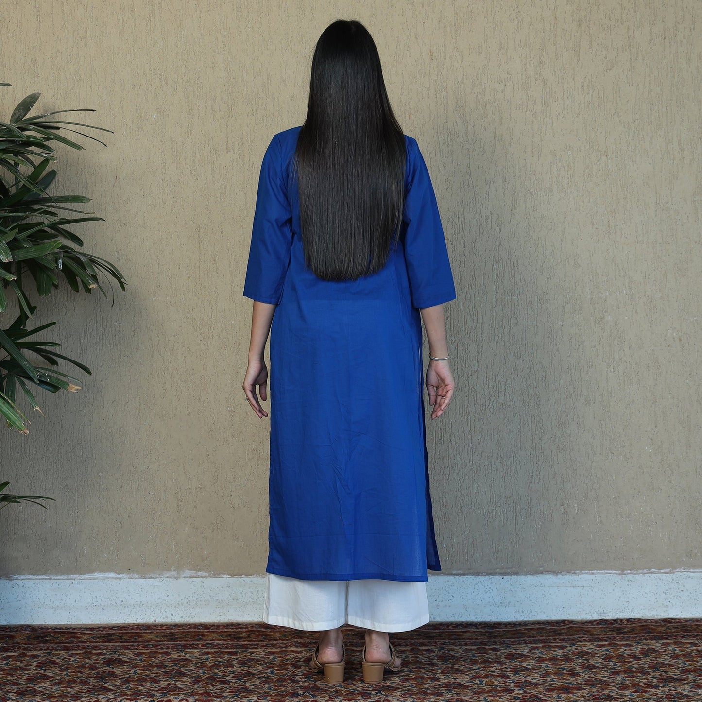 Blue - Mulmalai Cotton Plain Dyed Straight Kurta