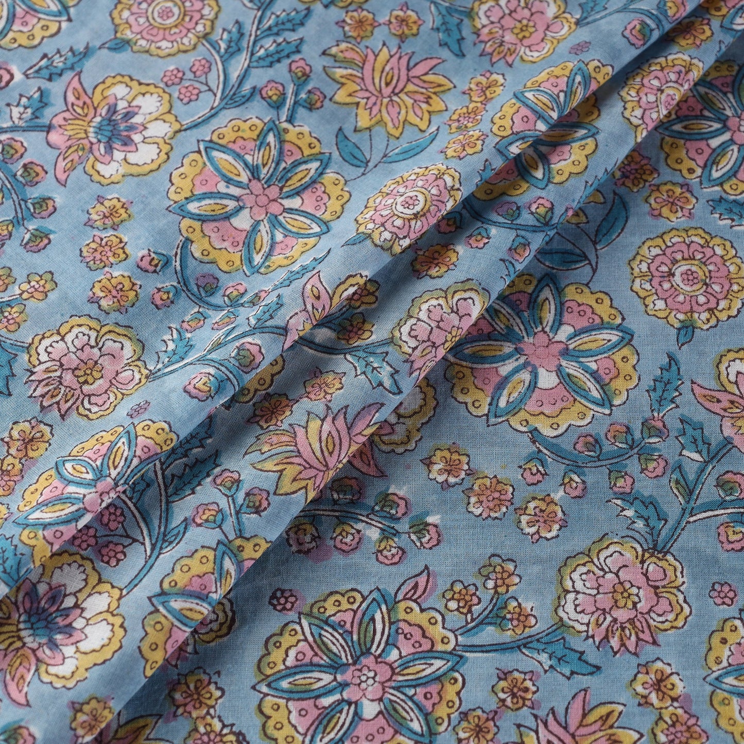 Blue Multi Patterned Cotton Sanganeri Print Fabric