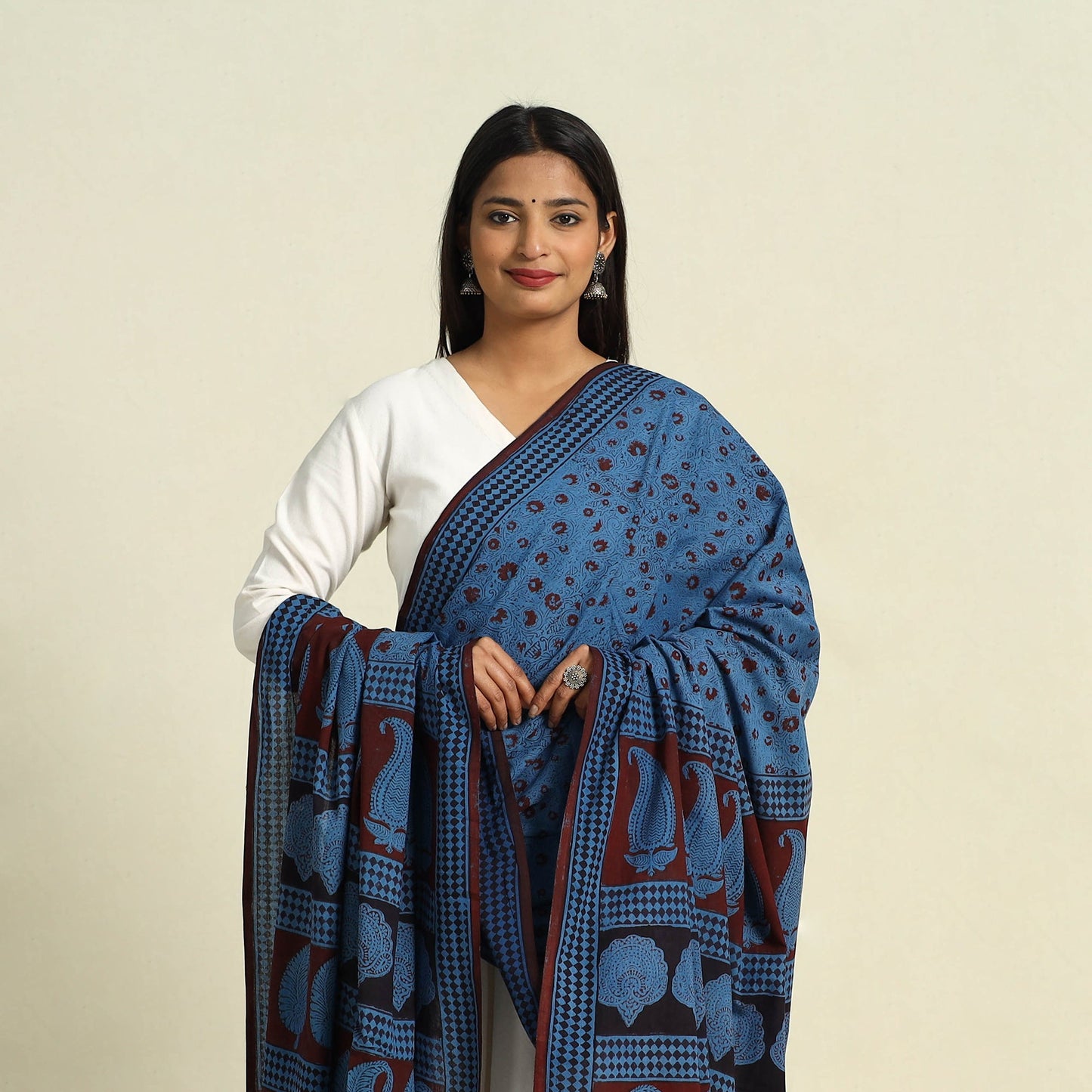  Blue Natural Dye Mul Cotton Bagh Print Dupatta