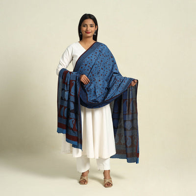  Blue Natural Dye Mul Cotton Bagh Print Dupatta