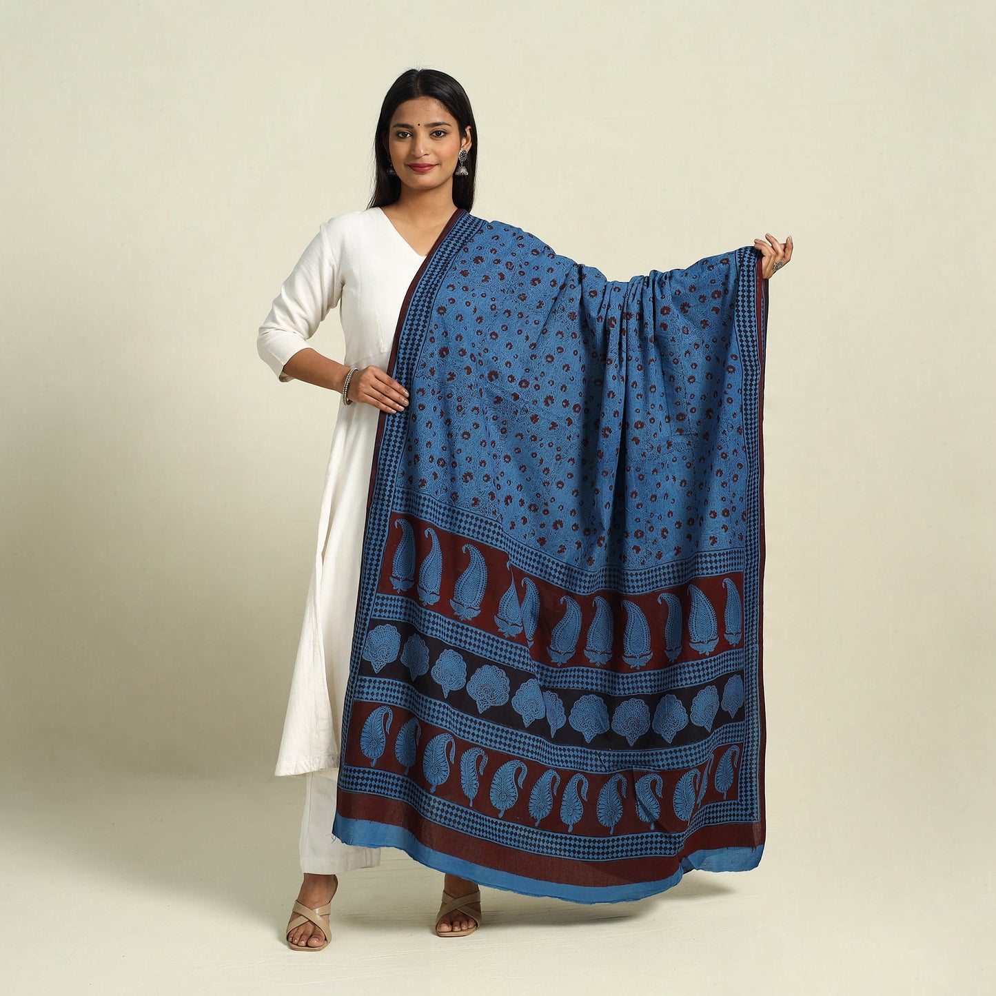  Blue Natural Dye Mul Cotton Bagh Print Dupatta