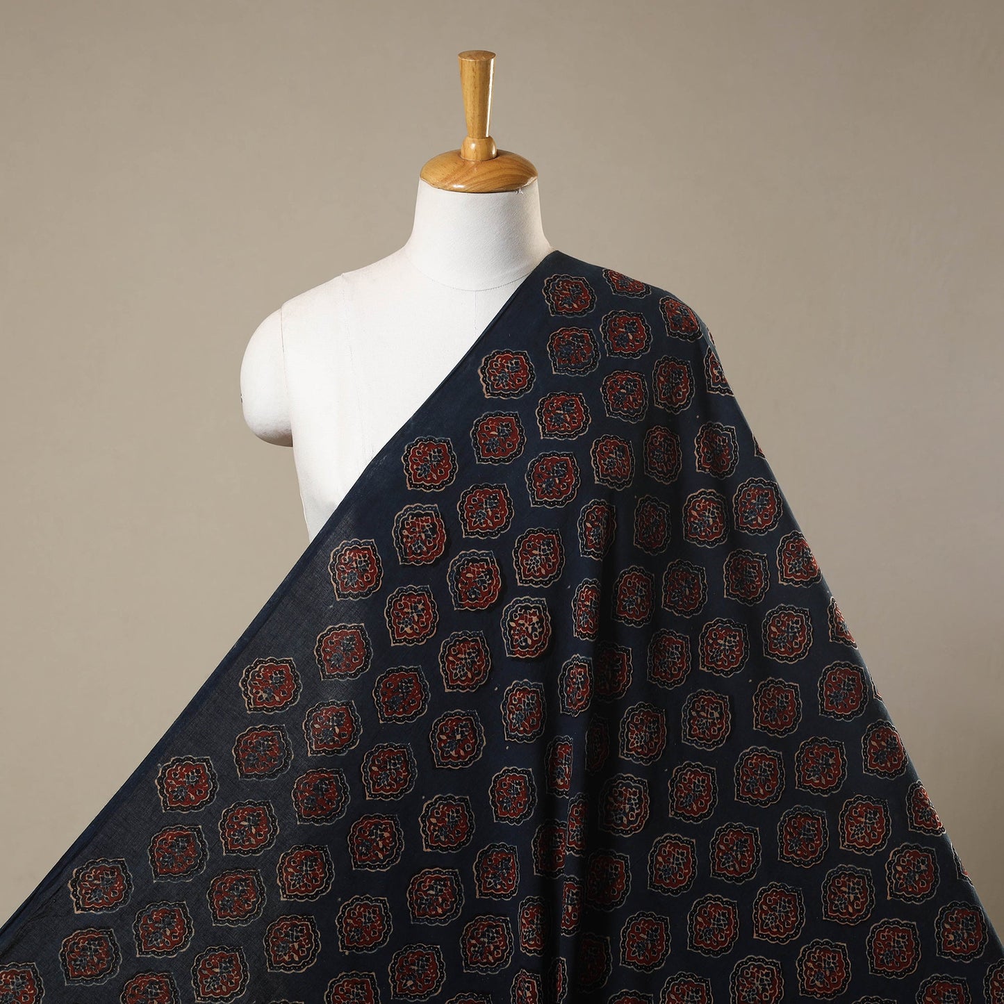 Blue Natural Dyed 3 Kaam Block Print Cotton Ajrakh Fabric