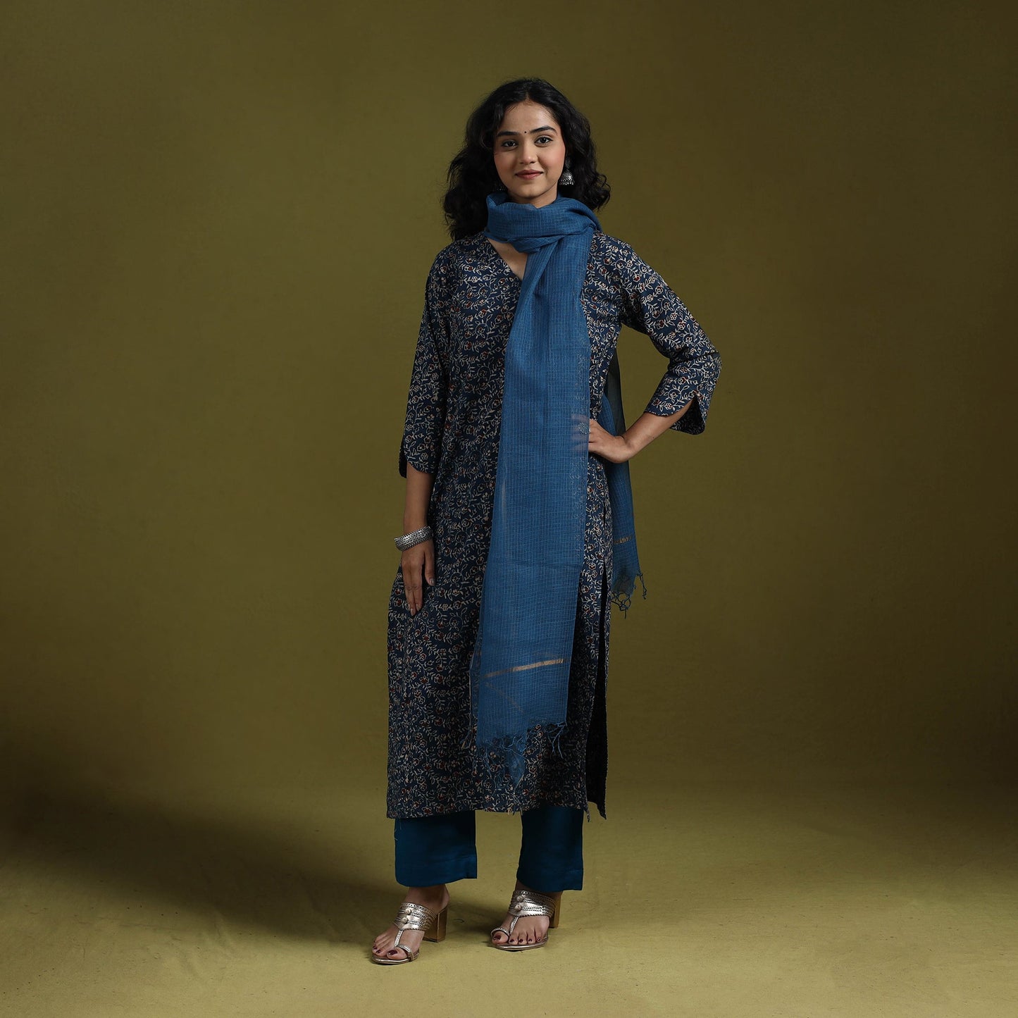 Natural dyed ajrakh hand block print cotton suit set