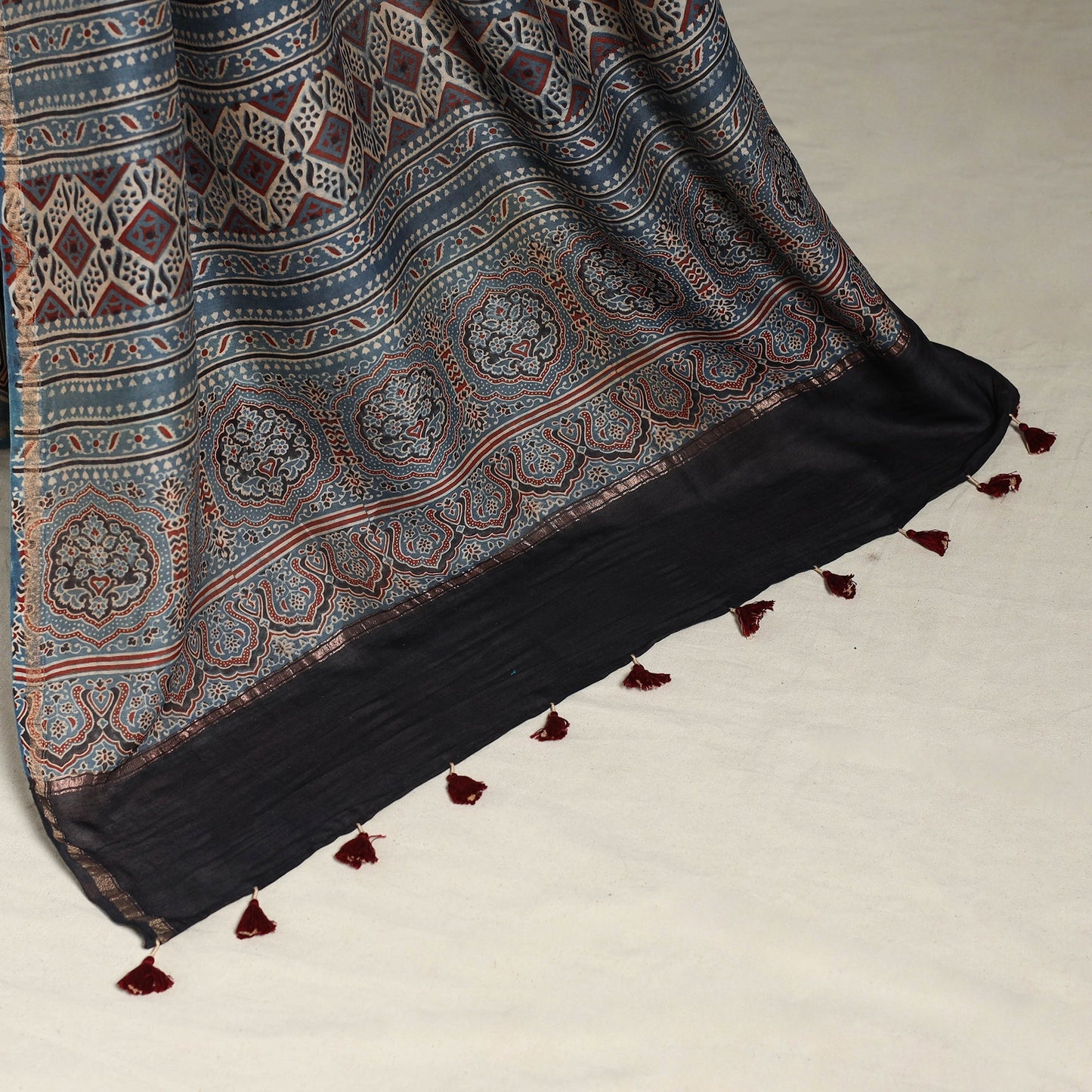 Blue Natural Dyed Block Print Chanderi Silk Ajrakh Saree