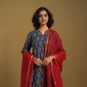 Blue Natural Dyed Block Print Cotton Ajrakh Kurta Set (Set of 3)