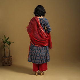 Blue Natural Dyed Block Print Cotton Ajrakh Kurta Set (Set of 3)
