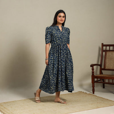 Blue - natural dyed cotton fit & flare dress 04
