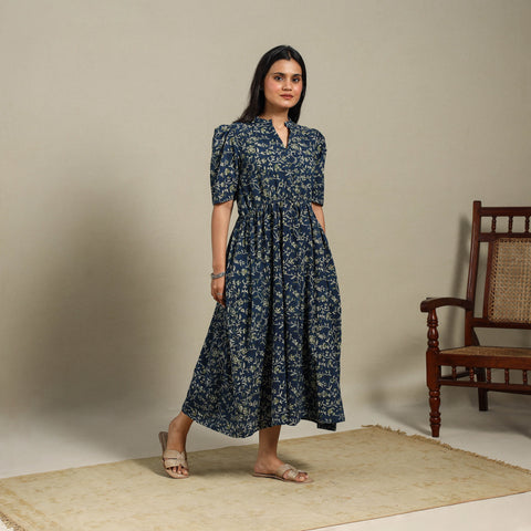 Blue - natural dyed cotton fit & flare dress 04