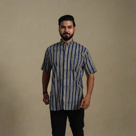 Blue Natural Dyed Block Print Cotton Men Half Sleeve Bagru Shirt