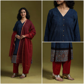 Natural dyed brush design ajrakh print cotton suit set