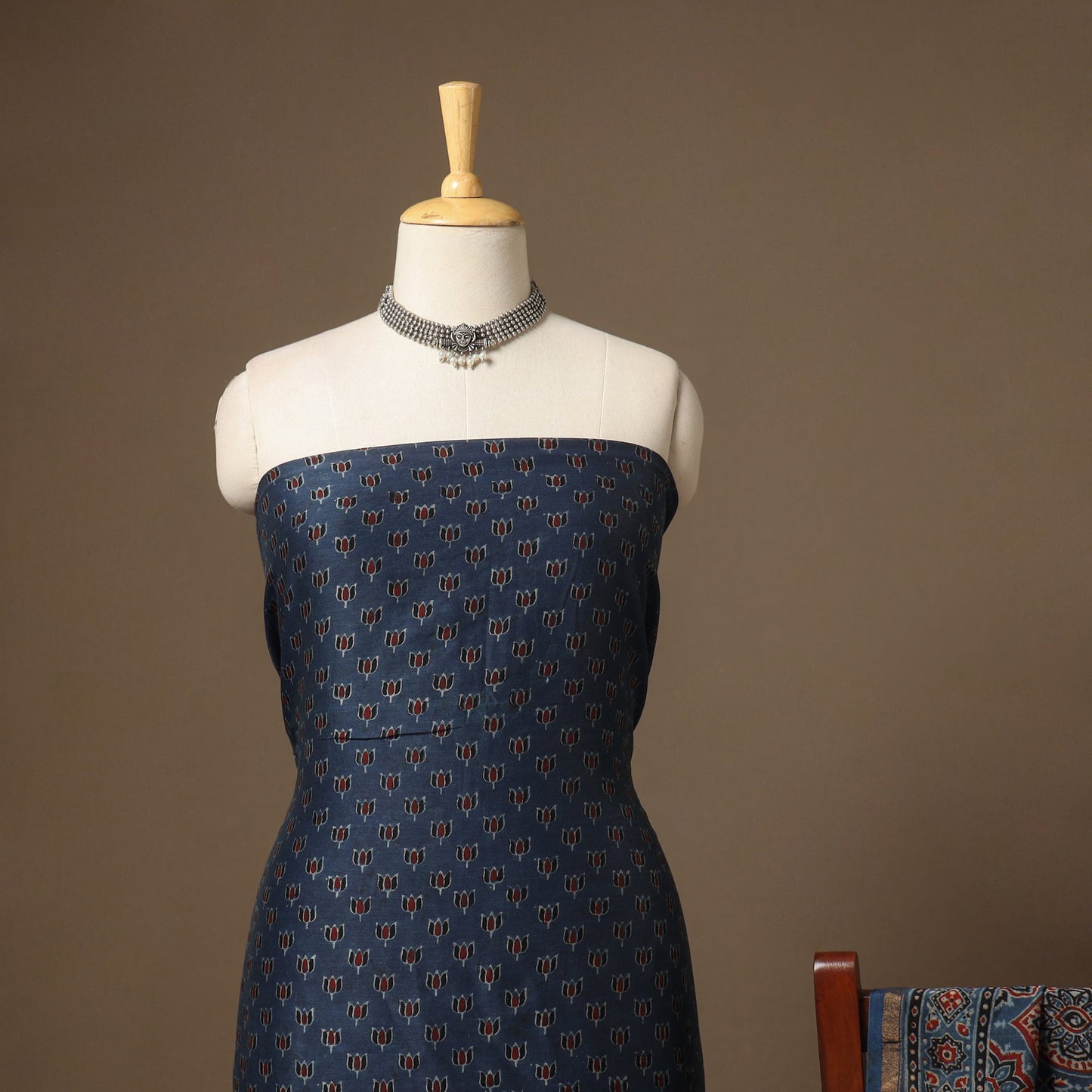 Blue Natural Dyed Chanderi Silk 2pc Unstitched Ajrakh Dress Material