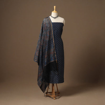 Blue Natural Dyed Chanderi Silk 2pc Unstitched Ajrakh Dress Material
