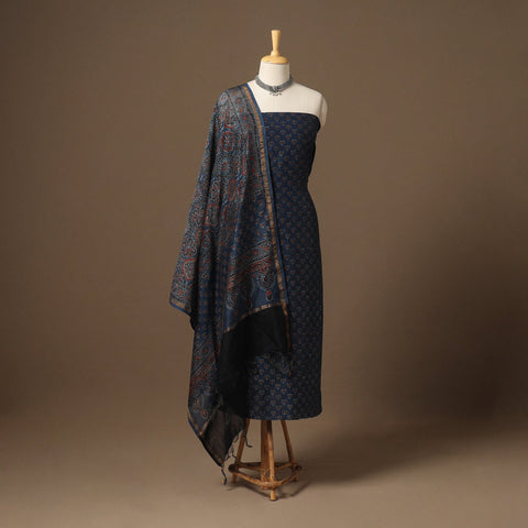 Blue Natural Dyed Chanderi Silk 2pc Unstitched Ajrakh Dress Material