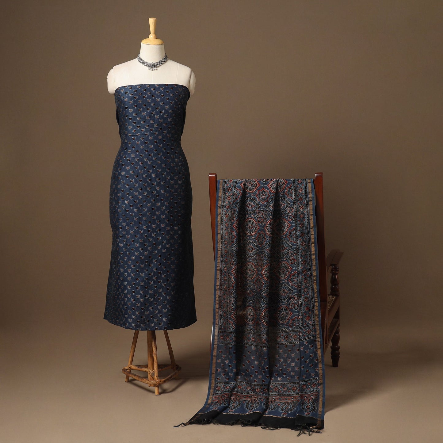 Blue Natural Dyed Chanderi Silk 2pc Unstitched Ajrakh Dress Material