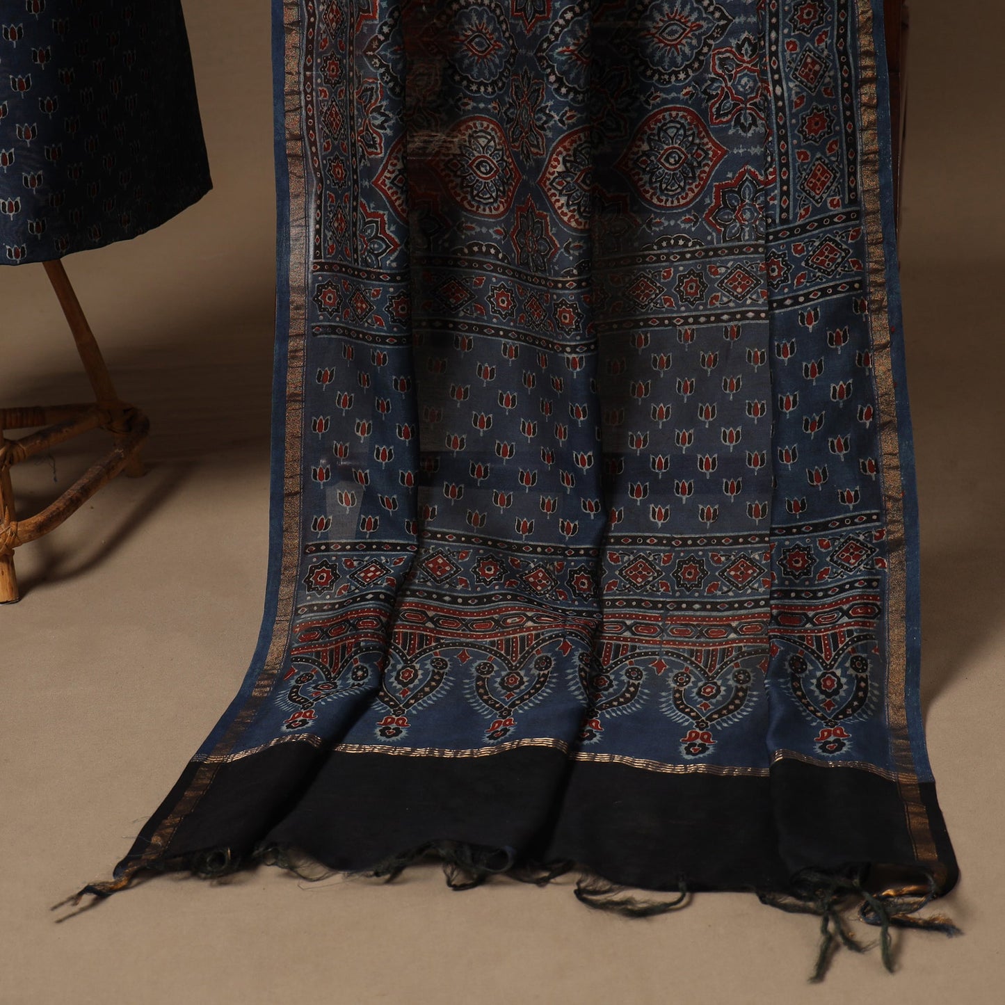 Blue Natural Dyed Chanderi Silk 2pc Unstitched Ajrakh Dress Material