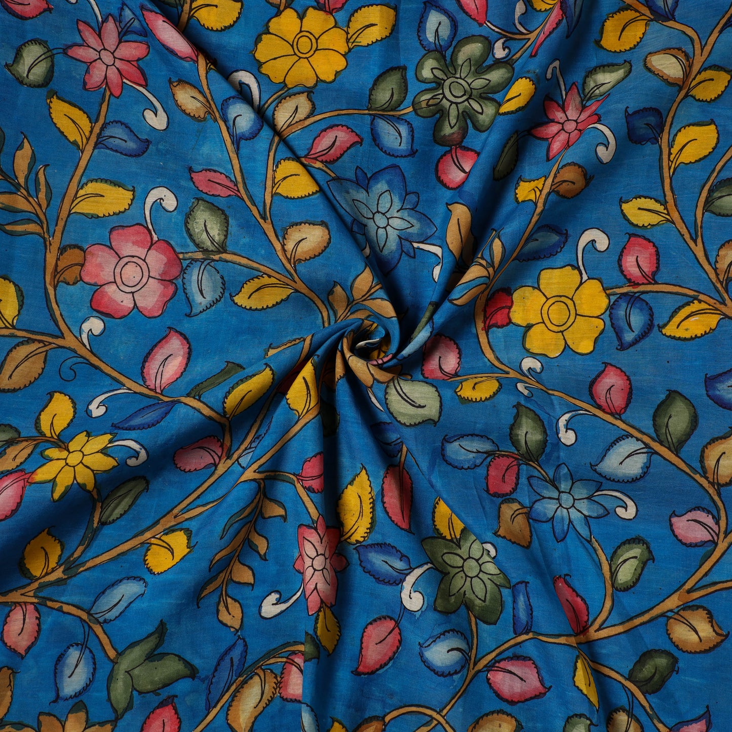 Blue - natural dyed chanderi silk handpainted srikalahasti