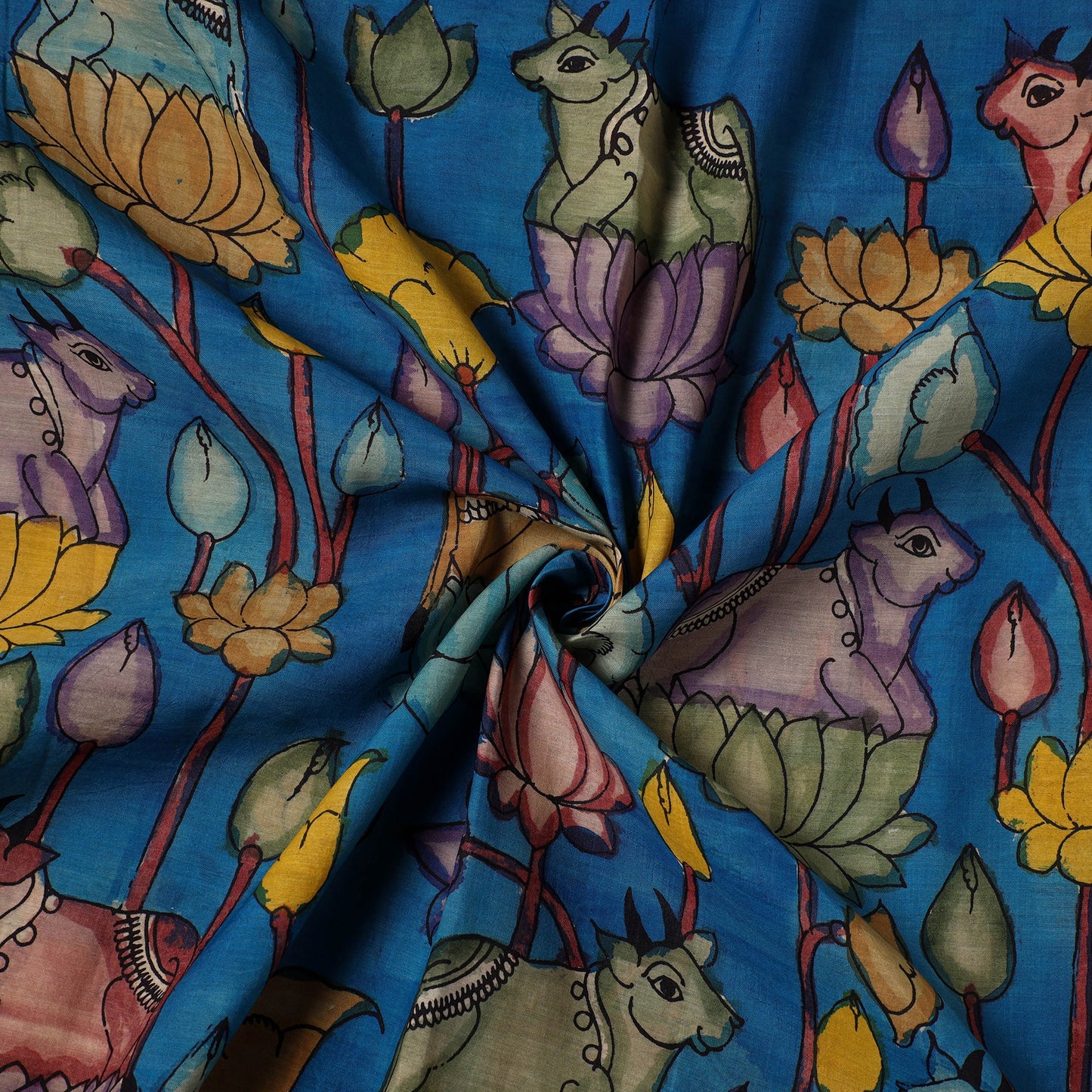 Blue - natural dyed chanderi silk handpainted srikalahasti