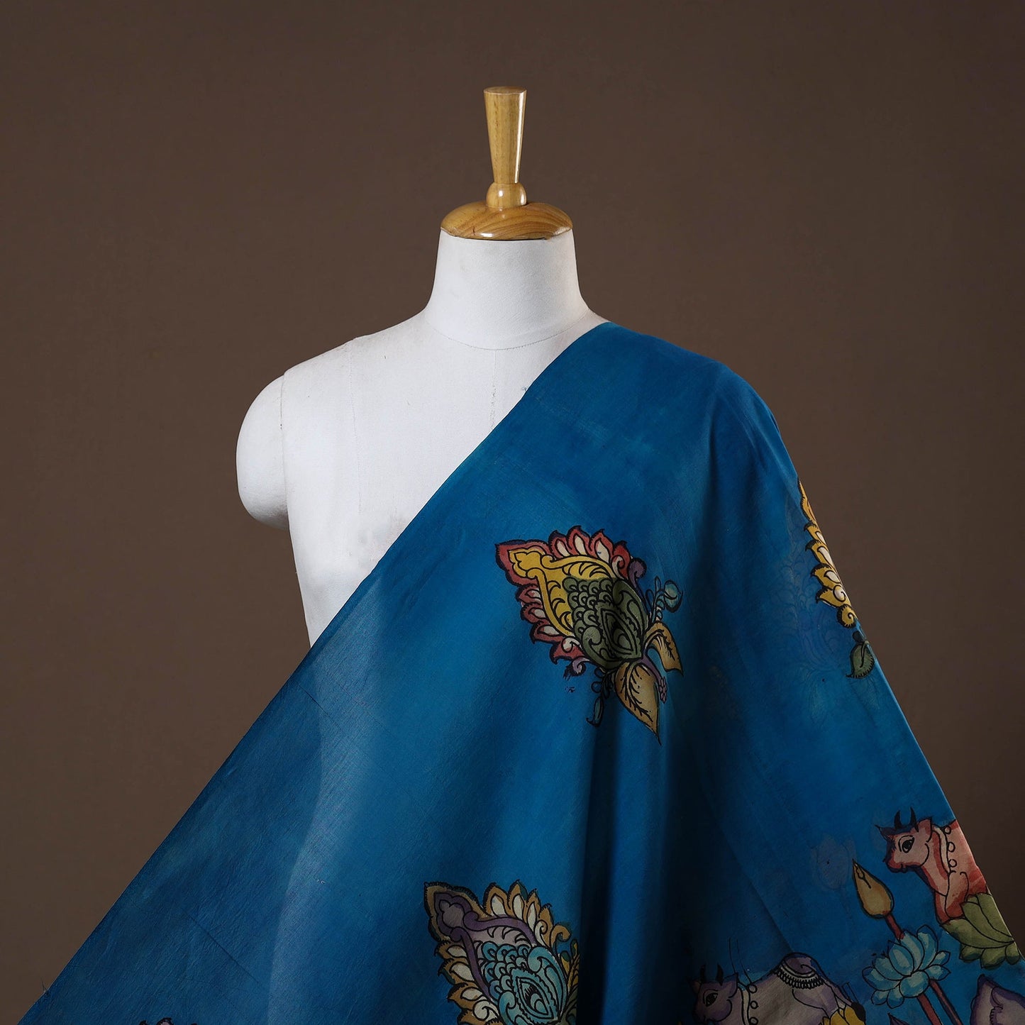 Blue - natural dyed chanderi silk handpainted srikalahasti