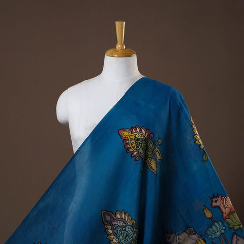 Blue - natural dyed chanderi silk handpainted srikalahasti
