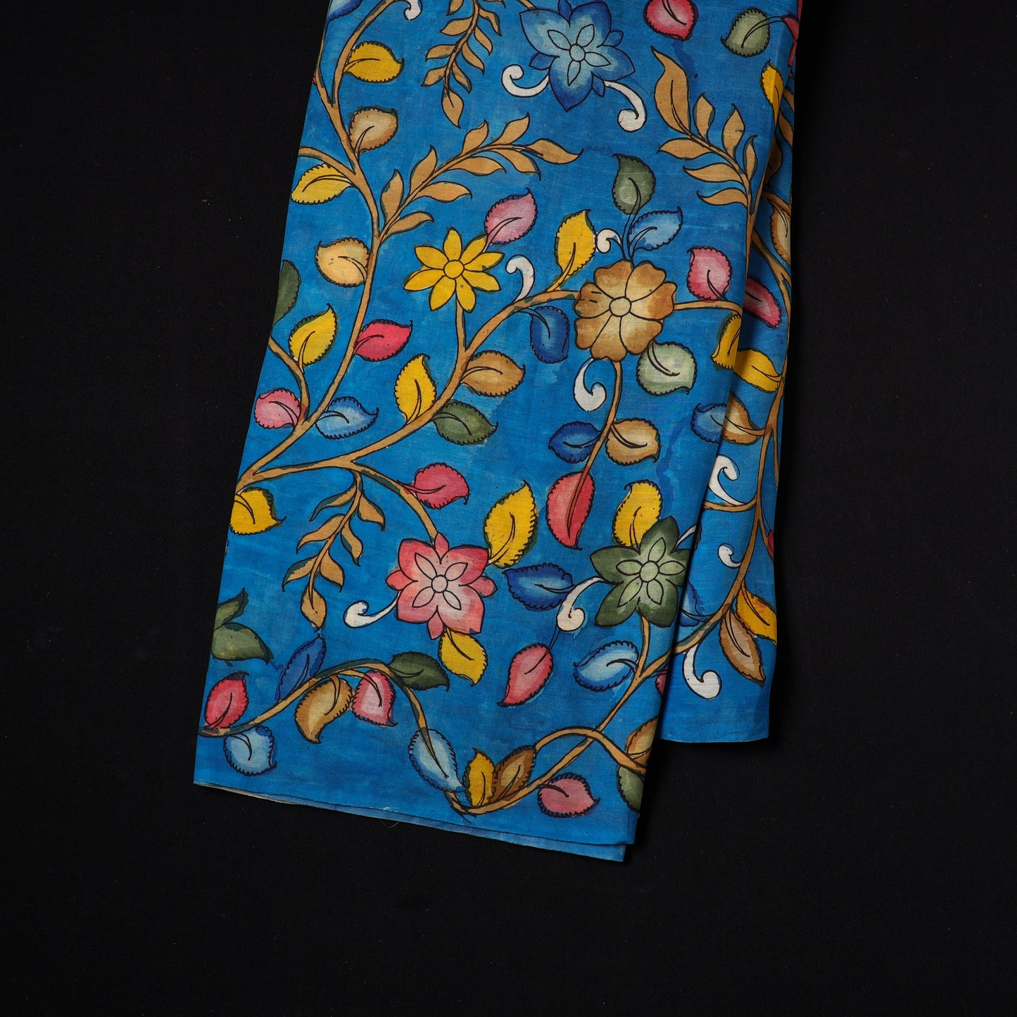 Blue - natural dyed chanderi silk handpainted srikalahasti