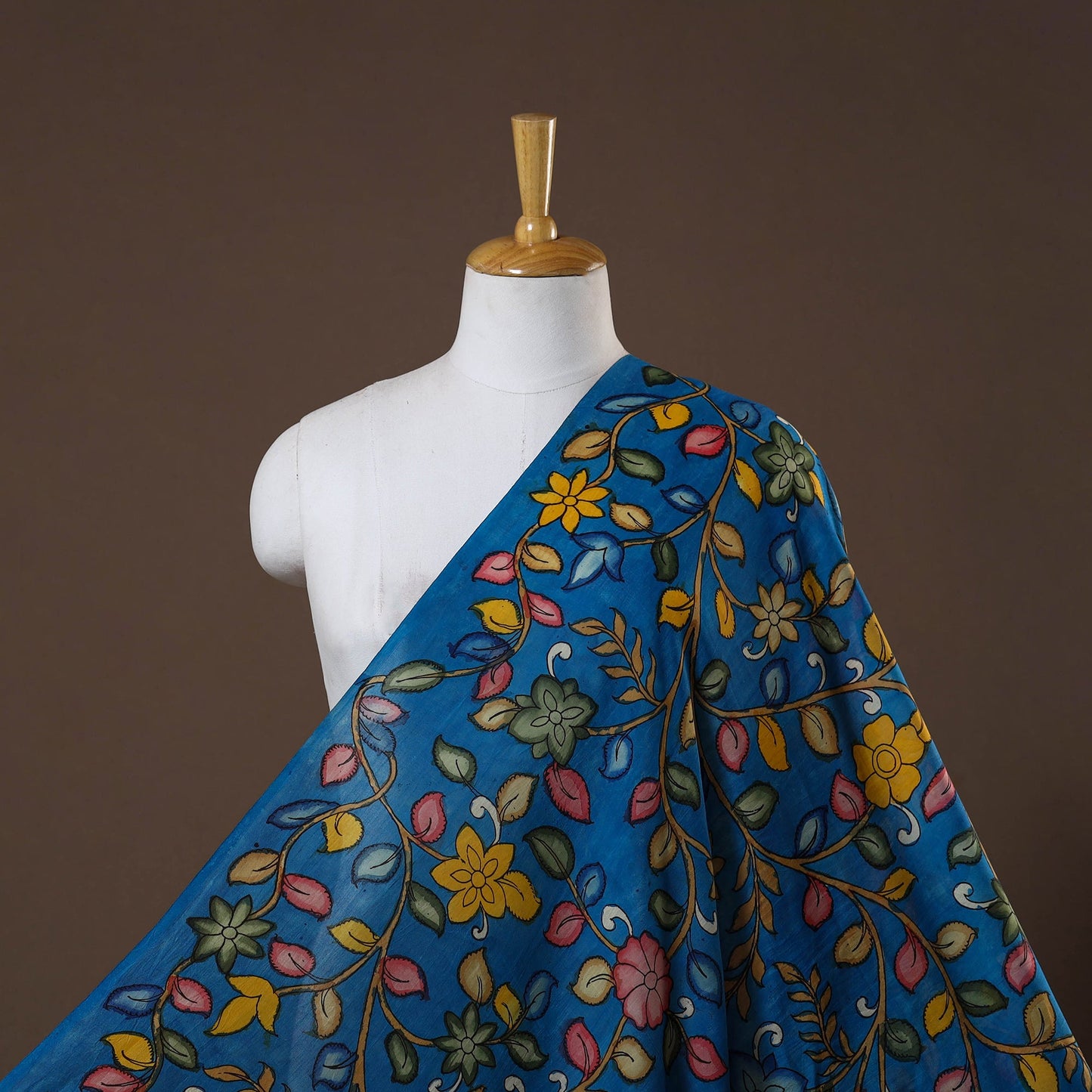 Blue - natural dyed chanderi silk handpainted srikalahasti