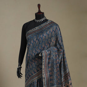 Blue Natural Dyed Block Print Chanderi Silk Ajrakh Saree