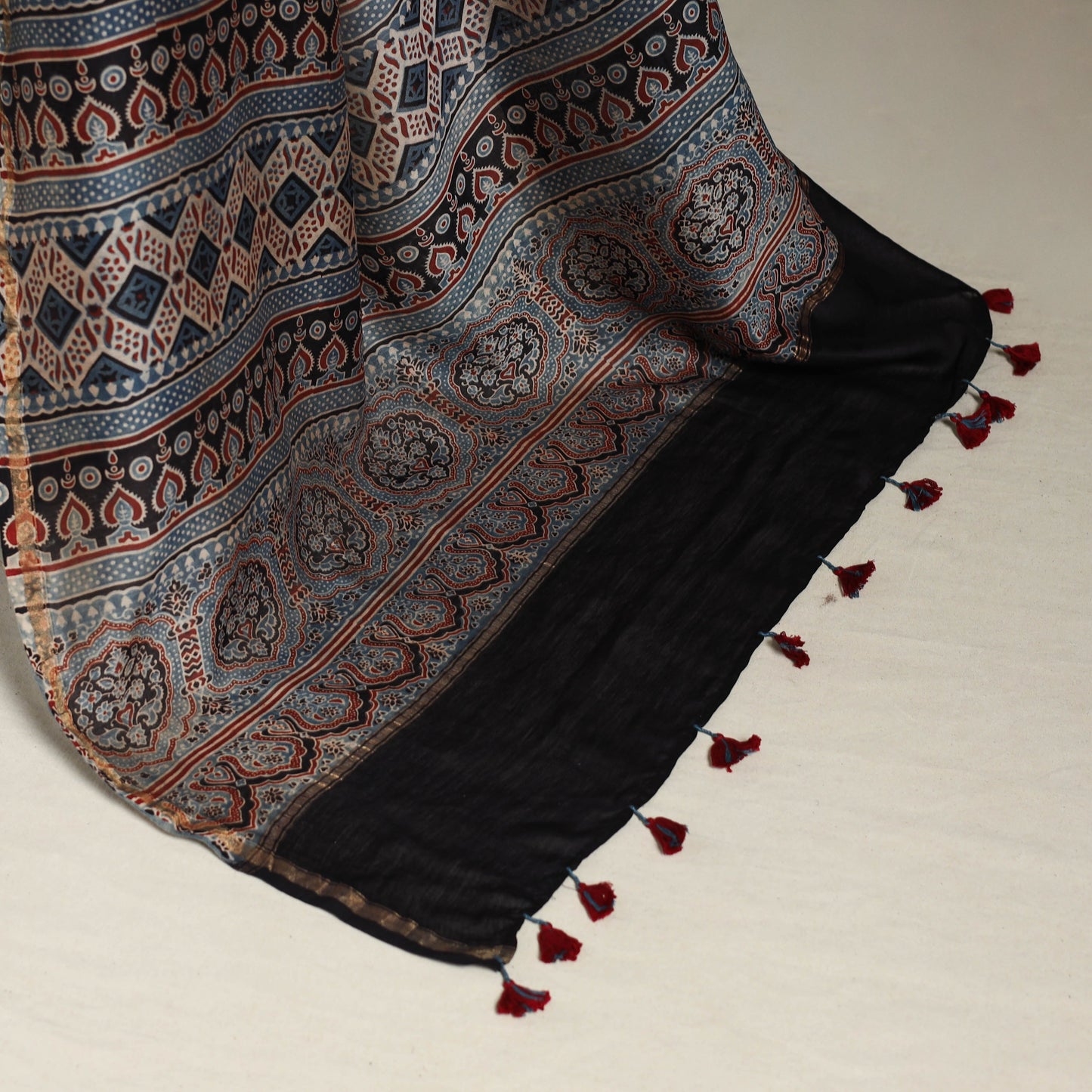 Blue Natural Dyed Block Print Chanderi Silk Ajrakh Saree