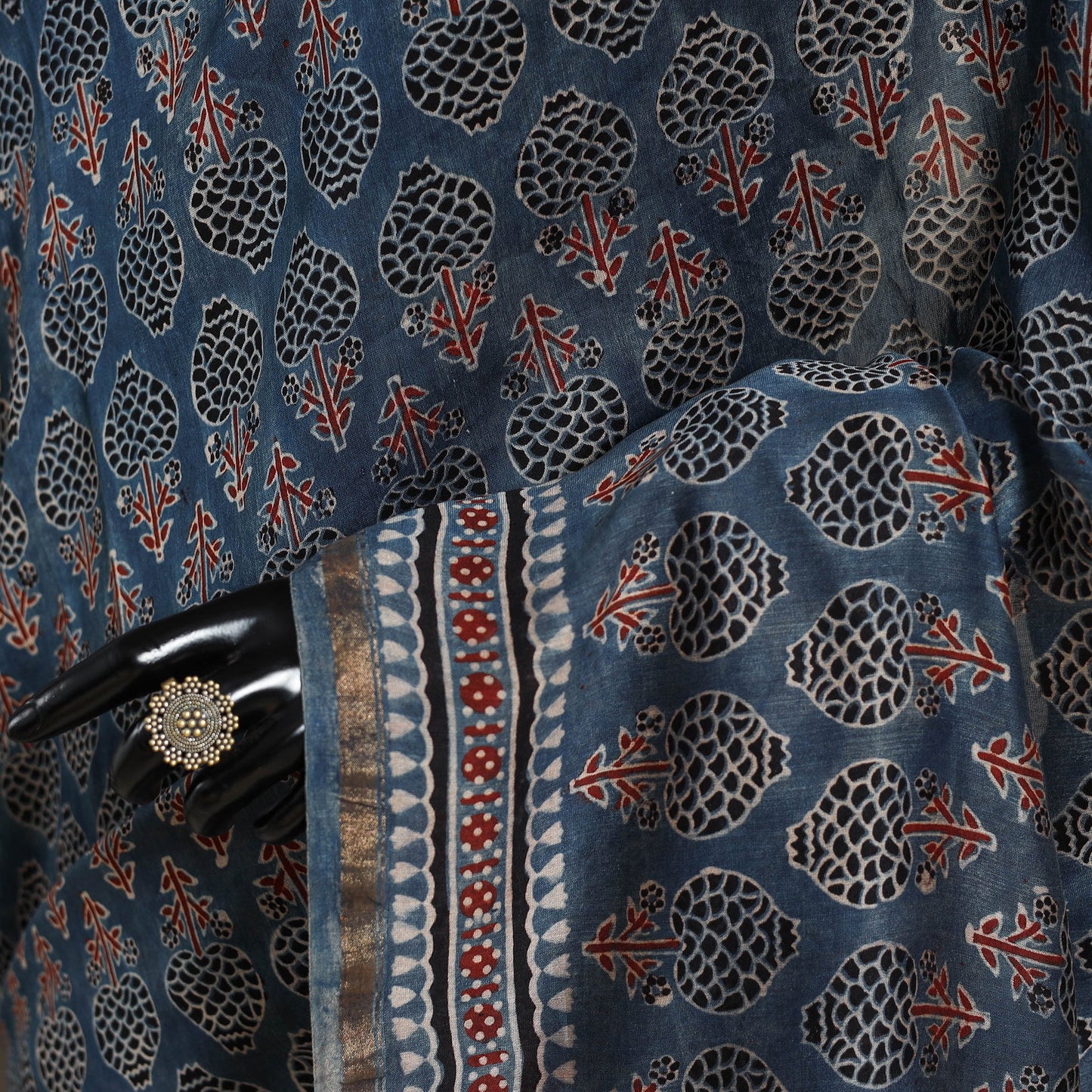 Blue Natural Dyed Block Print Chanderi Silk Ajrakh Saree