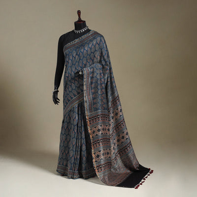 Blue Natural Dyed Block Print Chanderi Silk Ajrakh Saree