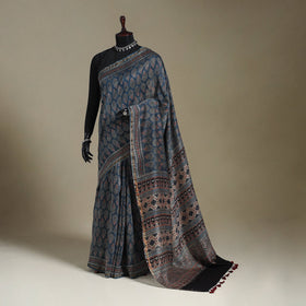Blue Natural Dyed Block Print Chanderi Silk Ajrakh Saree