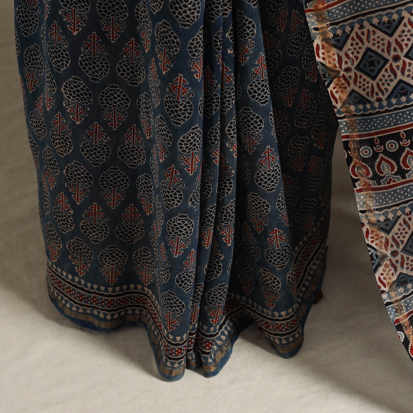 Blue Natural Dyed Block Print Chanderi Silk Ajrakh Saree