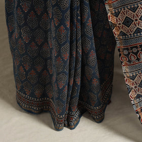 Blue Natural Dyed Block Print Chanderi Silk Ajrakh Saree