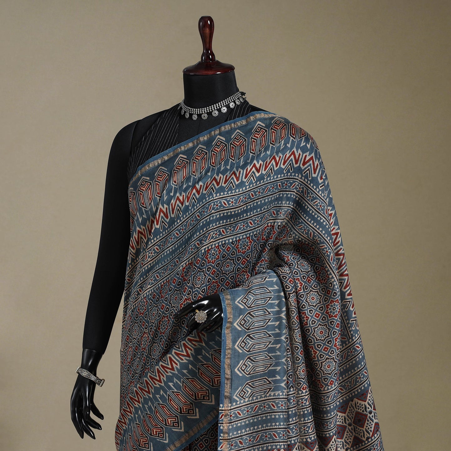 Blue Natural Dyed Block Print Chanderi Silk Ajrakh Saree