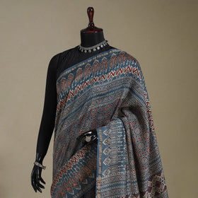 Blue Natural Dyed Block Print Chanderi Silk Ajrakh Saree