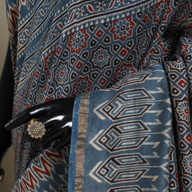 Blue Natural Dyed Block Print Chanderi Silk Ajrakh Saree